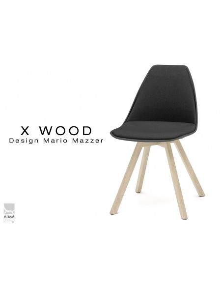 X-WOOD chaise design assise capitonnée noir, coque noir, piétement bois naturel - lot de 4 chaises