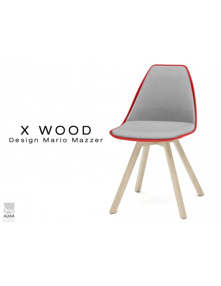 X-WOOD chaise design assise capitonnée gris clair, coque rouge, piétement bois naturel - lot de 4 chaises