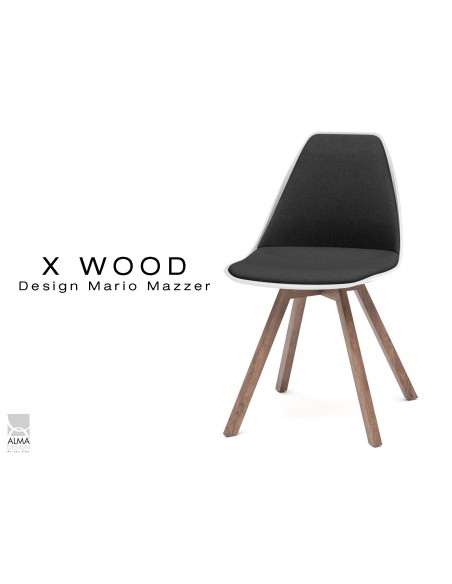 X-WOOD chaise design assise capitonnée noir, coque blanche, piétement bois vernis Noyer - lot de 4 chaises