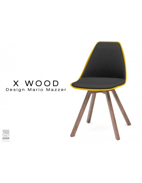X-WOOD chaise design assise capitonnée noir, coque jaune, piétement bois vernis Noyer - lot de 4 chaises