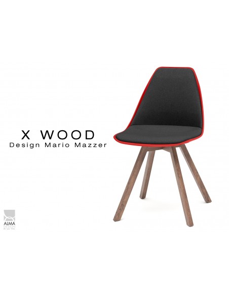 X-WOOD chaise design assise capitonnée noir, coque rouge, piétement bois vernis Noyer - lot de 4 chaises