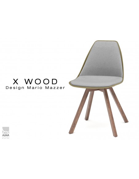 X-WOOD chaise design assise capitonnée gris clair, coque vert militaire, piétement bois vernis Noyer - lot de 4 chaises