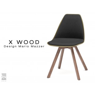 X-WOOD chaise design assise capitonnée noir, coque vert militaire, piétement bois vernis Noyer - lot de 4 chaises