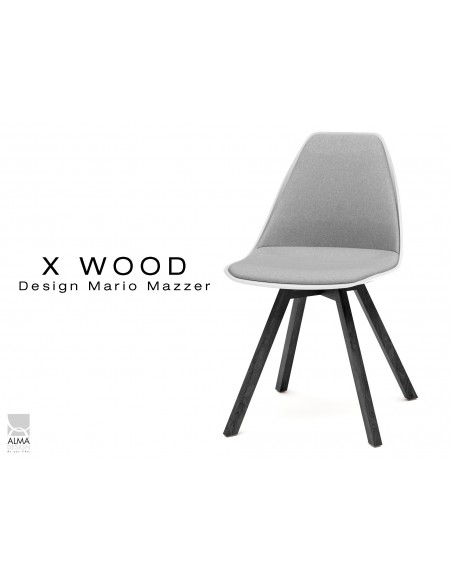 X-WOOD chaise design assise capitonnée gris clair, coque blanche, piétement bois vernis gris Fer - lot de 4 chaises