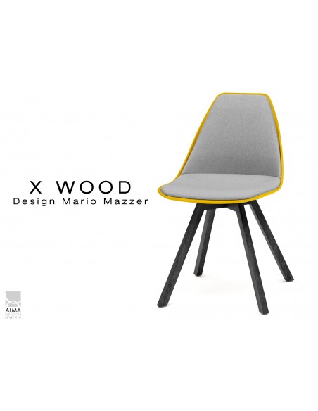 X-WOOD chaise design assise capitonnée gris clair, coque jaune, piétement bois vernis gris Fer - lot de 4 chaises