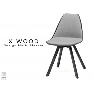 X-WOOD chaise design assise capitonnée gris clair, coque noir, piétement bois vernis gris Fer - lot de 4 chaises