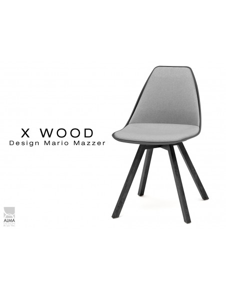 X-WOOD chaise design assise capitonnée gris clair, coque noir, piétement bois vernis gris Fer - lot de 4 chaises
