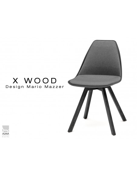 X-WOOD chaise design assise capitonnée gris, coque noir, piétement bois vernis gris Fer - lot de 4 chaises