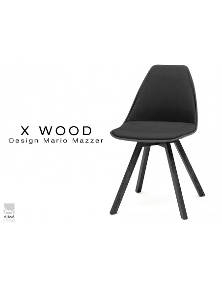 X-WOOD chaise design assise capitonnée noir, coque noir, piétement bois vernis gris Fer - lot de 4 chaises