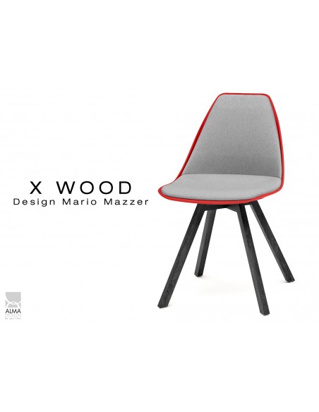X-WOOD chaise design assise capitonnée gris clair, coque rouge, piétement bois vernis gris Fer - lot de 4 chaises