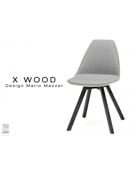 X-WOOD chaise design assise capitonnée gris clair, coque sable clair, piétement bois vernis gris Fer - lot de 4 chaises