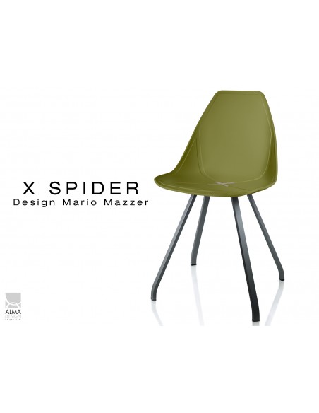 X-SPIDER coque vert militaire, piétement peinture polyester noir - lot de 4 chaises