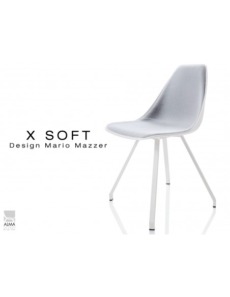 X-SOFT chaise design assise coque blanche, capitonnée gris clair, piétement peinture blanc - lot de 4 chaises