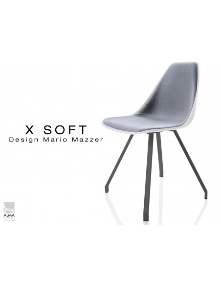 X-SOFT coque blanche capitonnée gris, piétement noir - lot de 4 chaises