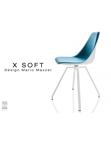 X-SOFT pivotante assise capitonnée tissu Bleu-TE25, piétement et coque blanc - lot de 2 chaises