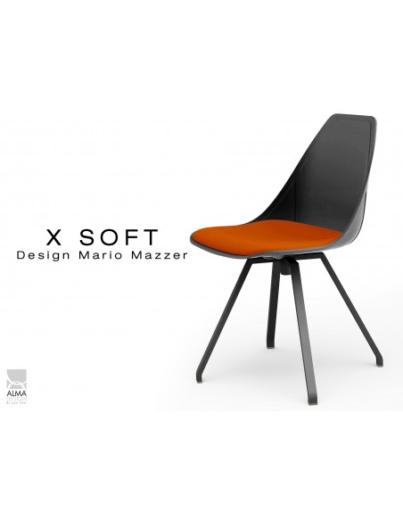 X-SOFT BLACK assise avec coussin Orange-TE03, piétement et coque noir.