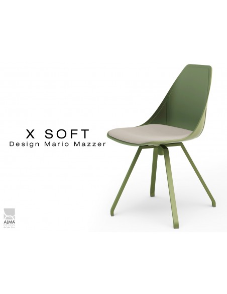 X-SOFT VERT militaire assise avec coussin Crème-TE16, piétement et coque vert militaire.