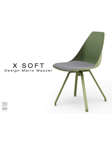 X-SOFT VERT militaire assise avec coussin Gris-TE31, piétement et coque vert militaire.