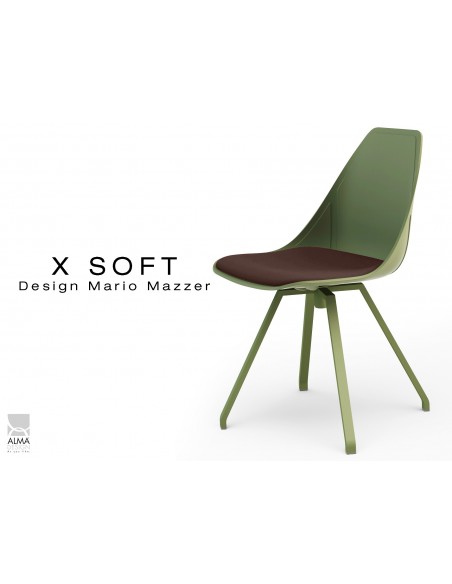 X-SOFT VERT militaire assise avec coussin Marron-TE17, piétement et coque vert militaire.