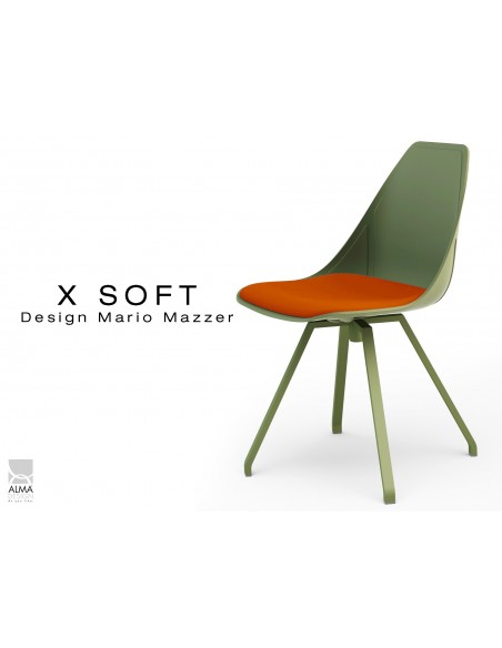 X-SOFT VERT militaire assise avec coussin Orange-TE03, piétement et coque vert militaire.