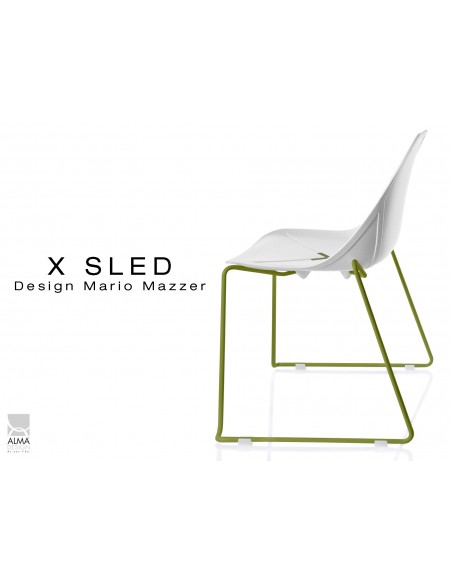 X-SLED piétement peinture vert militaire assise coque blanche - lot de 4 chaises