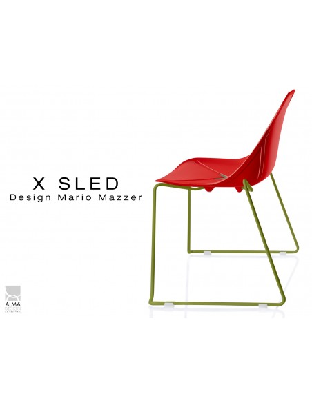 X-SLED piétement peinture vert militaire assise coque rouge - lot de 4 chaises