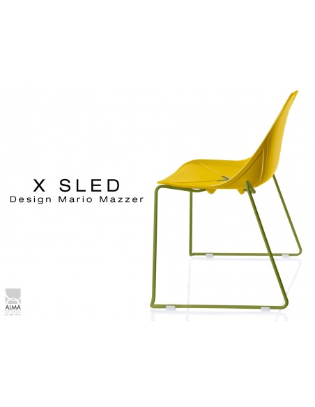 X-SLED piétement peinture vert militaire assise coque jaune - lot de 4 chaises