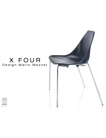 X-FOUR piétement chromé assise coque noir - lot de 4 chaises