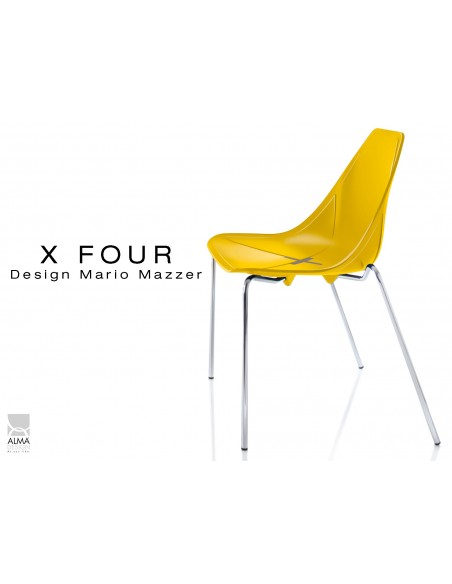 X-FOUR piétement chromé assise coque jaune - lot de 4 chaises