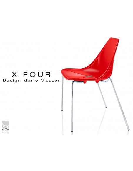 X-FOUR piétement chromé assise coque rouge - lot de 4 chaises