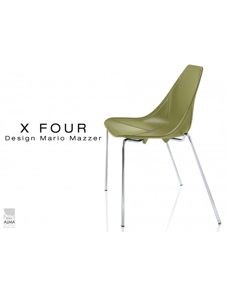 X-FOUR piétement chromé assise coque vert militaire - lot de 4 chaises