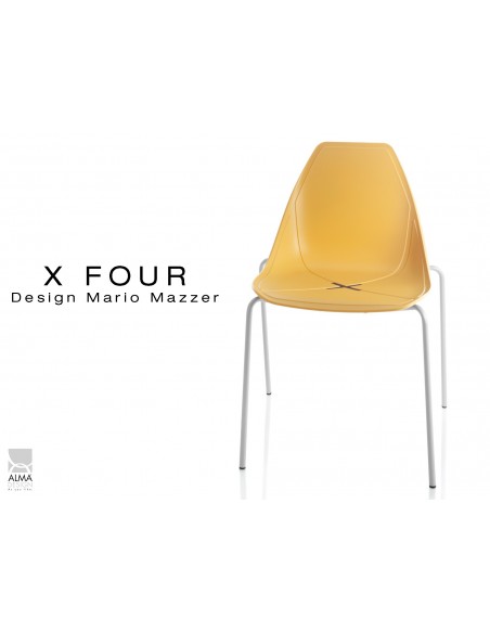 X-FOUR piétement blanc assise coque jaune - lot de 4 chaises