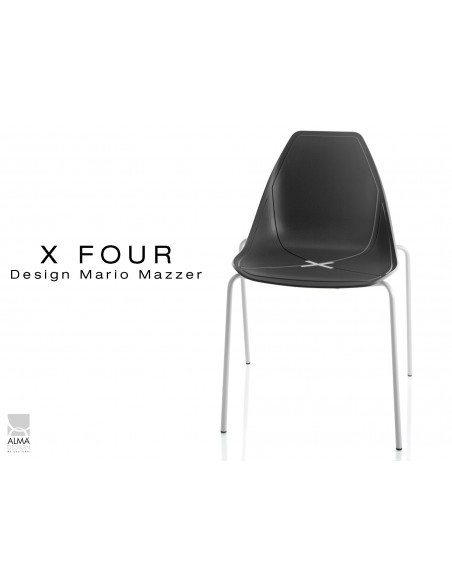 X-FOUR piétement blanc assise coque noir - lot de 4 chaises
