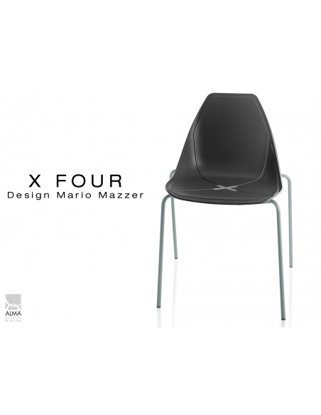 X-FOUR piétement gris aluminium assise coque noir - lot de 4 chaises