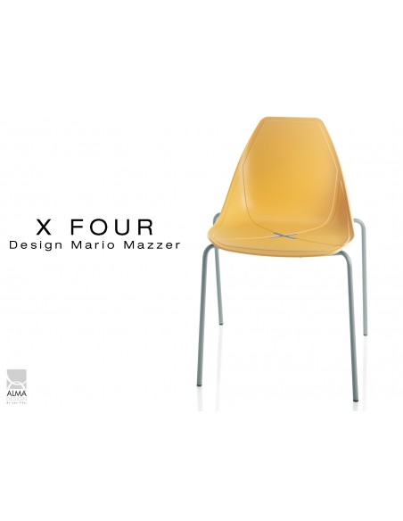 X-FOUR piétement gris aluminium assise coque jaune - lot de 4 chaises