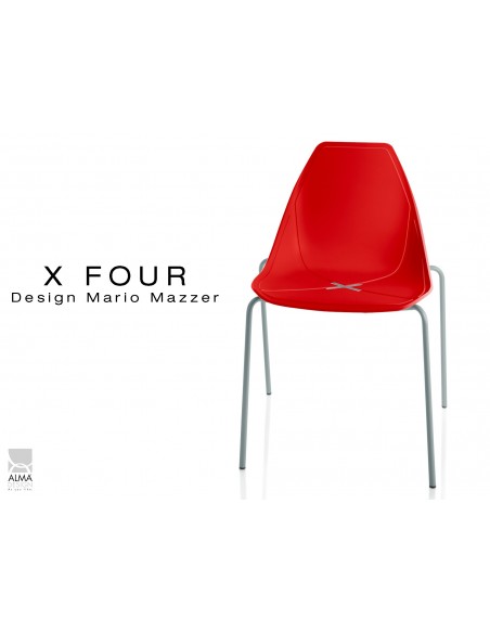 X-FOUR piétement gris aluminium assise coque rouge - lot de 4 chaises