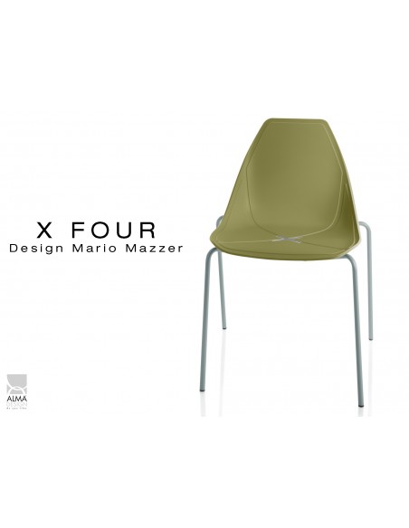 X-FOUR piétement gris aluminium assise coque vert militaire - lot de 4 chaises
