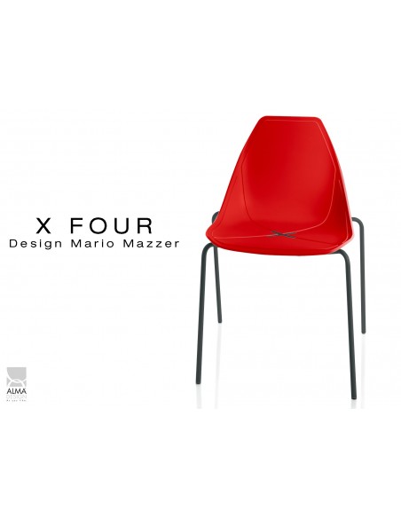 X-FOUR piétement noir assise coque rouge - lot de 4 chaises