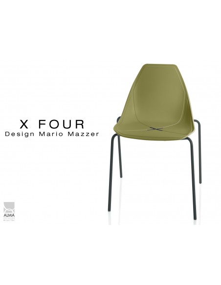 X-FOUR piétement noir assise coque vert militaire - lot de 4 chaises