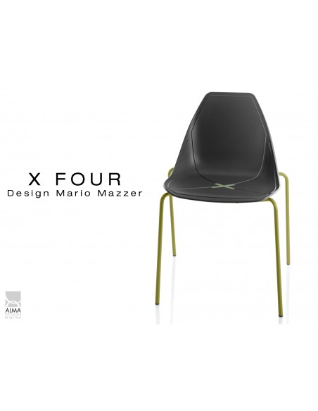 X-FOUR piétement vert militaire assise coque noir - lot de 4 chaises