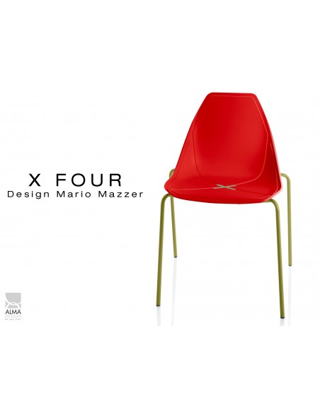 X-FOUR piétement vert militaire assise coque rouge - lot de 4 chaises