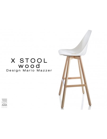 X-STOOL Wood 75 - piétement bois naturel assise coque blanche - lot de 2 tabourets