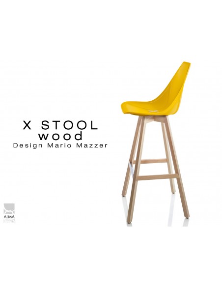 X-STOOL Wood 75 - piétement bois naturel assise coque jaune - lot de 2 tabourets