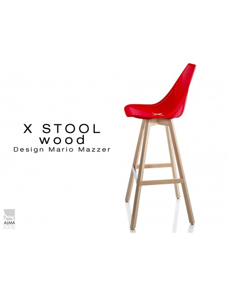 X-STOOL Wood 75 - piétement bois naturel assise coque rouge - lot de 2 tabourets