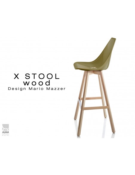X-STOOL Wood 75 - piétement bois naturel assise coque vert militaire - lot de 2 tabourets