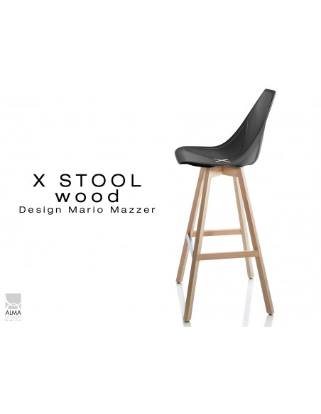 X-STOOL Wood 75 - piétement bois naturel assise coque noir - lot de 2 tabourets