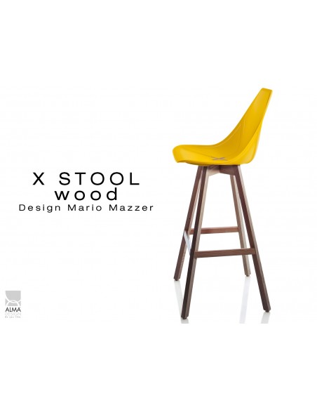 X-STOOL Wood 75 - piétement bois noyer assise coque jaune - lot de 2 tabourets