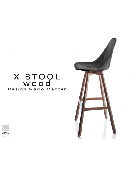 X-STOOL Wood 75 - piétement bois noyer assise coque noir - lot de 2 tabourets