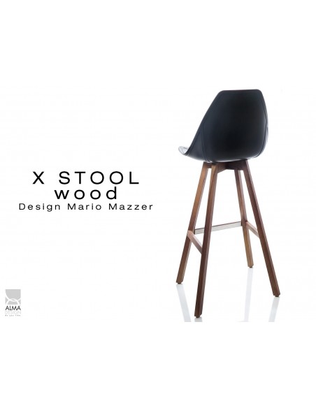 X-STOOL Wood 75 - piétement bois noyer assise coque noir - lot de 2 tabourets