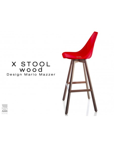X-STOOL Wood 75 - piétement bois noyer assise coque rouge - lot de 2 tabourets